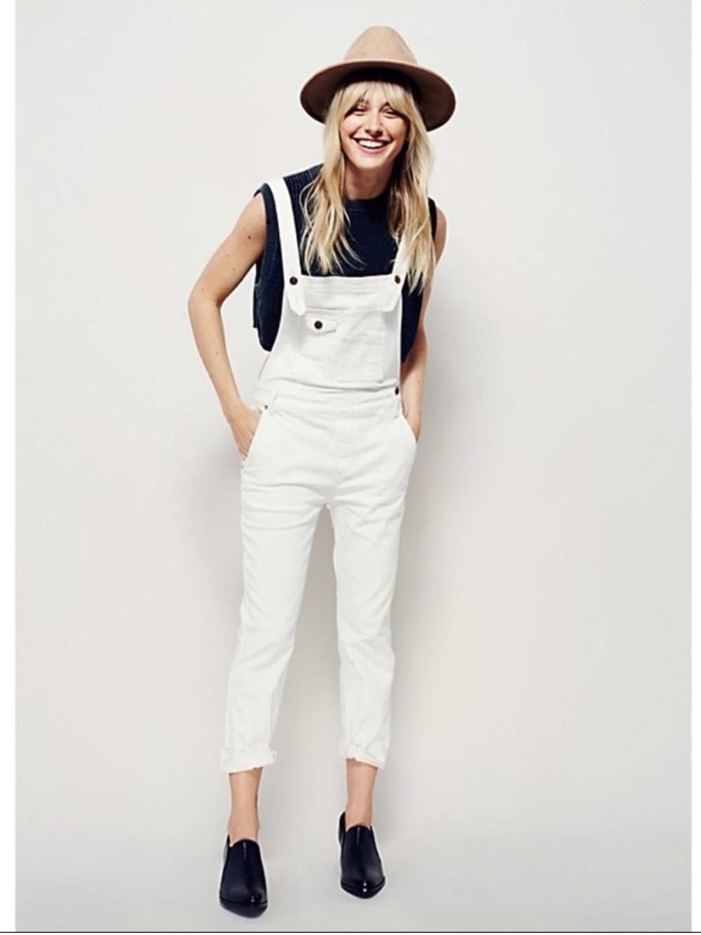 Free People Cream Denim Overalls